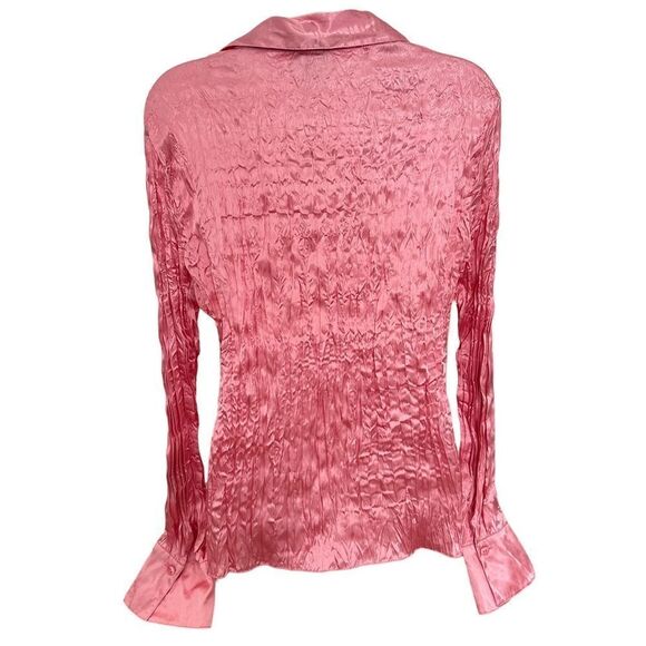 Y2K Satiny Barbiecore Pink Button Front Business Casual Blouse Top Shirt - Picture 3 of 4